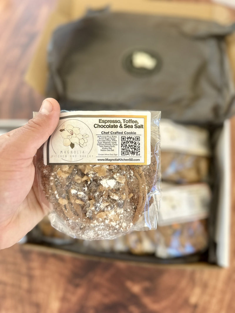 Individually wrapped Espresso Toffee Chocolate Sea Salt cookie with ingredient and allergen label
